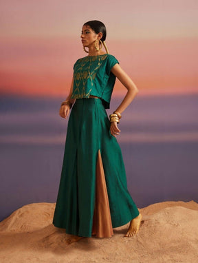 Coral Green Banarasi Crop Top With Contrast Panel Skirt