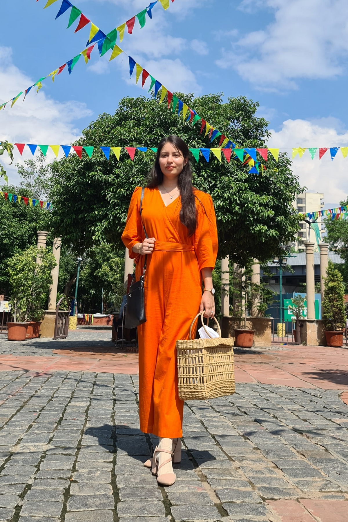 Overlapped neckline lantern sleeves belted jumpsuit-Tangerine