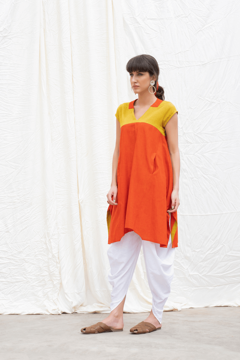 Orange Rust Mangalgiri Flared Kurta With Dhoti Pants