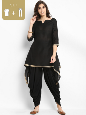 Black Banarasi Asymmetric Kurta With Dhoti Pants