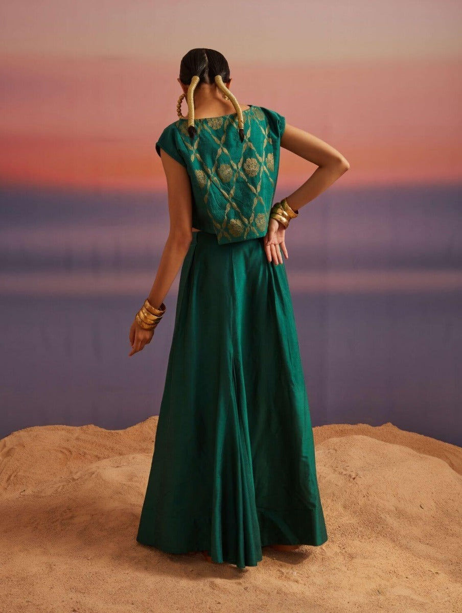 Coral Green Banarasi Crop Top With Contrast Panel Skirt