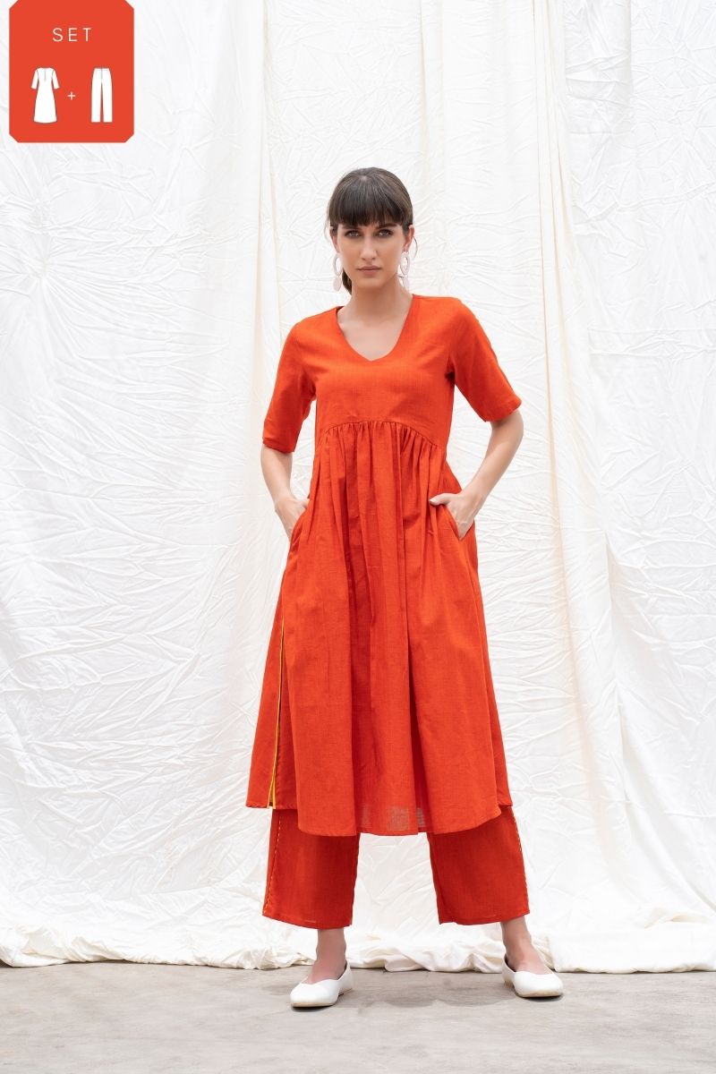 Orange Rust Mangalgiri Gathered Kurta With Pants