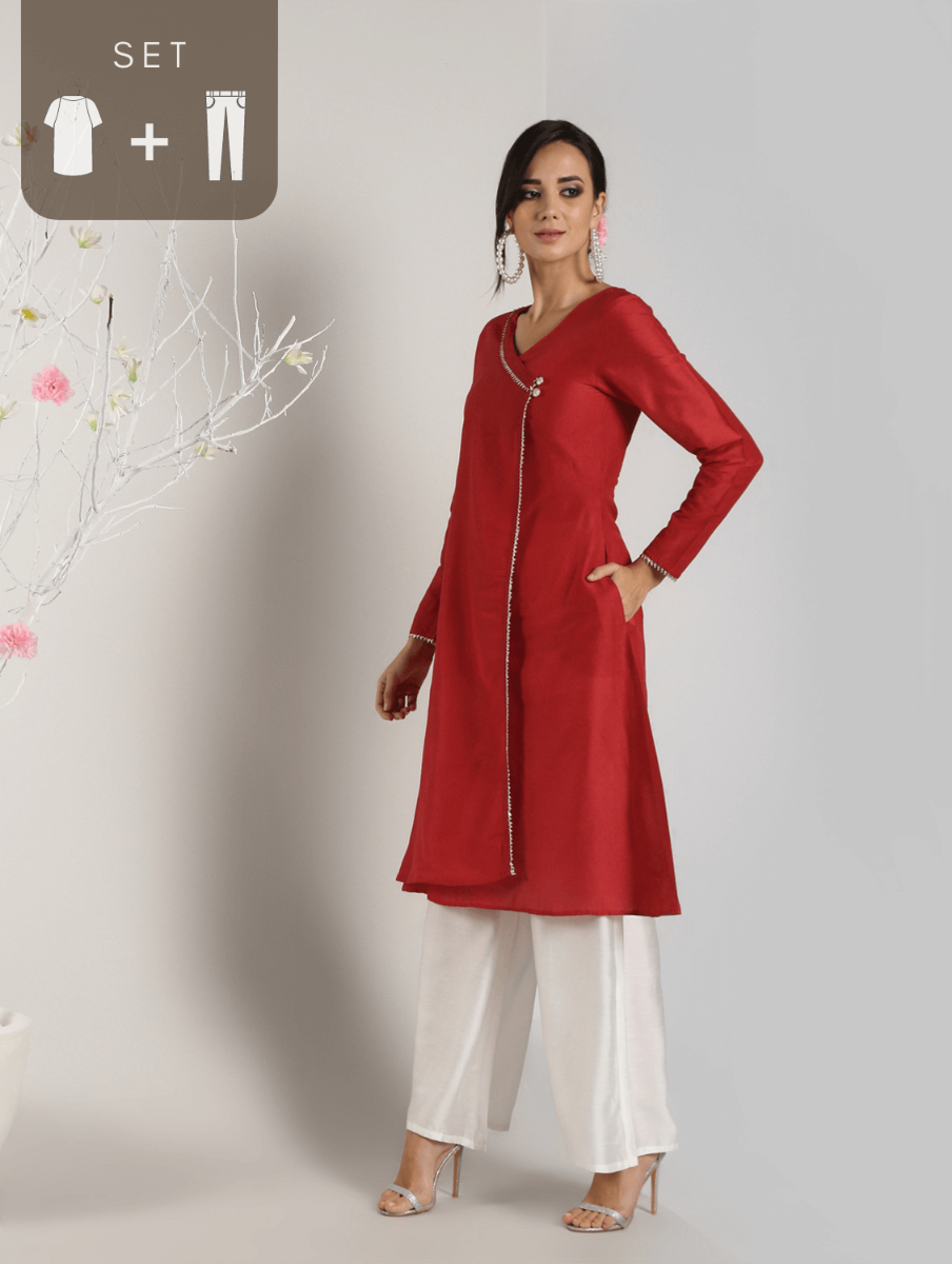 Abhishti Cotton Silk Lace Lined Angrakha Layered Kurta with Bottom