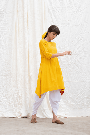 Dandelion Yellow Mangalgiri Flared Kurta With Dhoti Pant