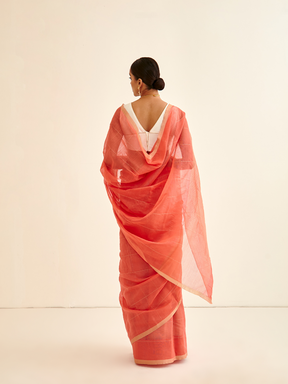 Banarasi Woven zari Plaid pattered sari-Coral pink