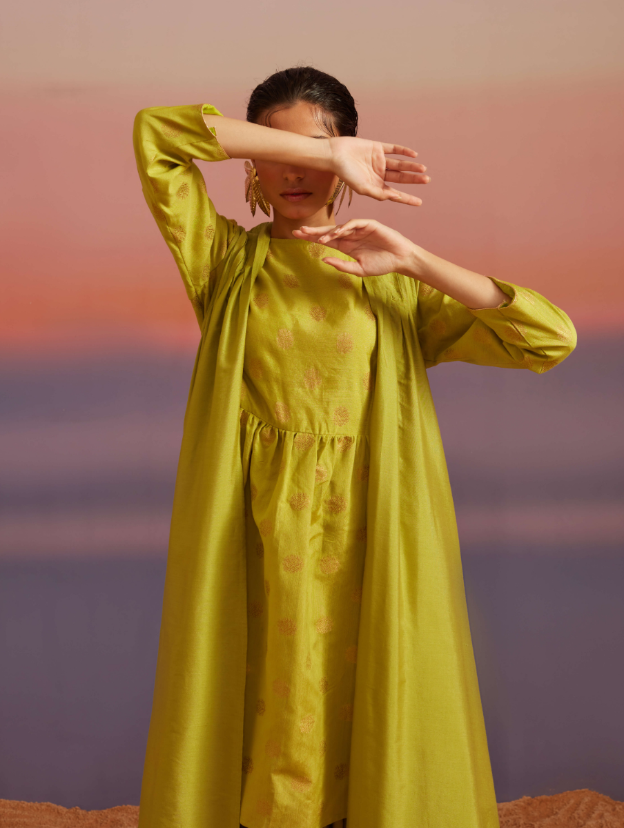 Flared Banarasi Kurta with Sleeveless Jacket
