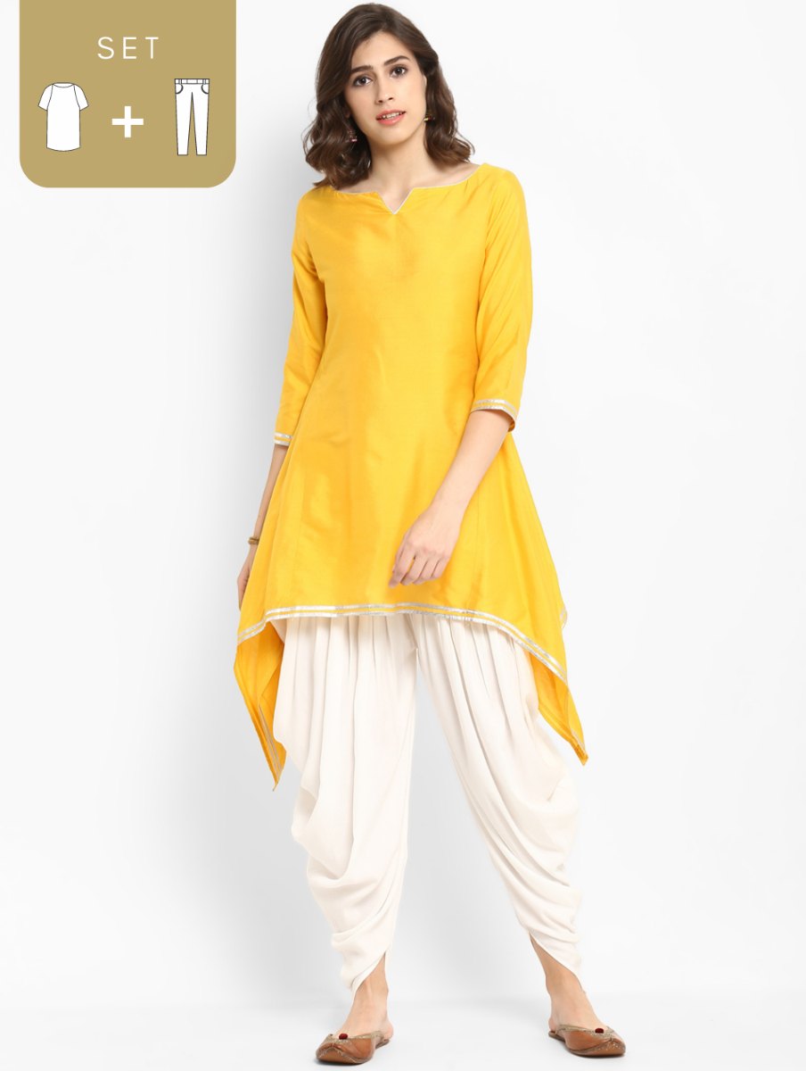 Yellow Banarasi Asymmetric Kurta With Dhoti Pants