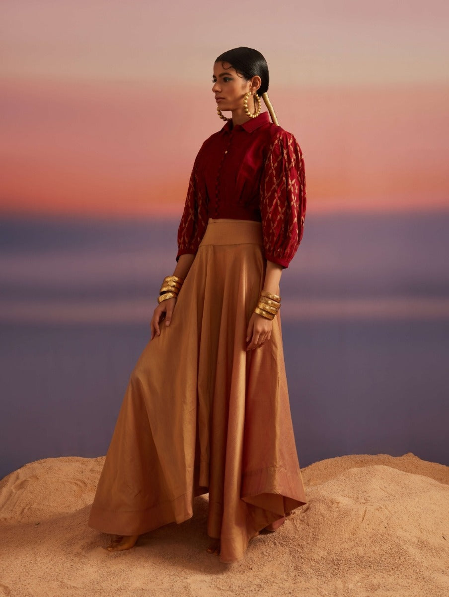 Banarasee Kora Muslin Saree With Contrast Skirt Border-Brown & Red