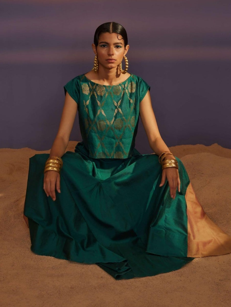 Coral Green Banarasi Crop Top With Contrast Panel Skirt