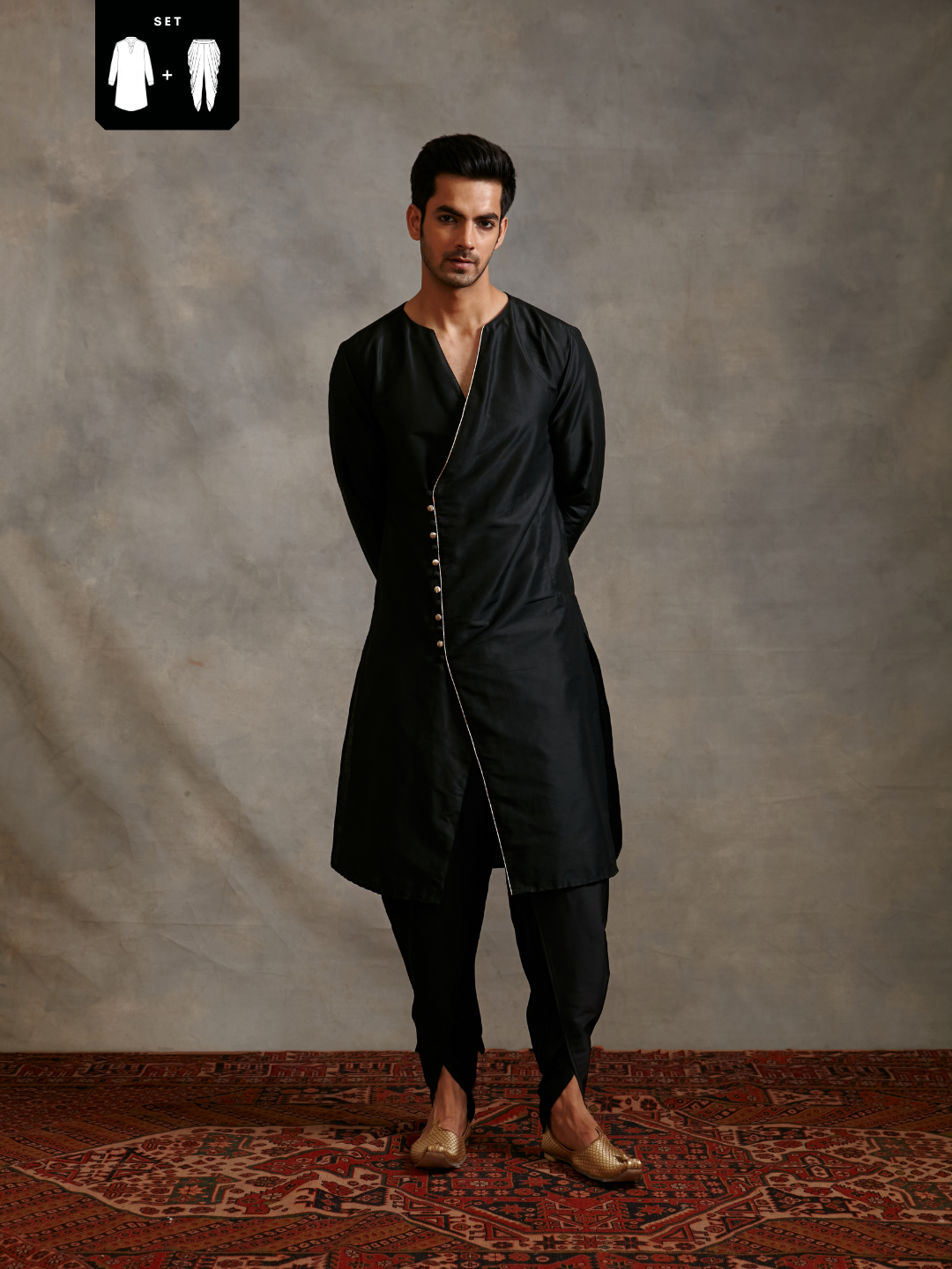 Overlapped Banarasi kurta Set - Metallic black