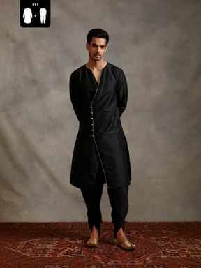 Overlapped Banarasi kurta with tulip pants- Metallic black