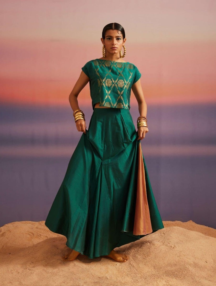 Coral Green Banarasi Crop Top With Center Panel