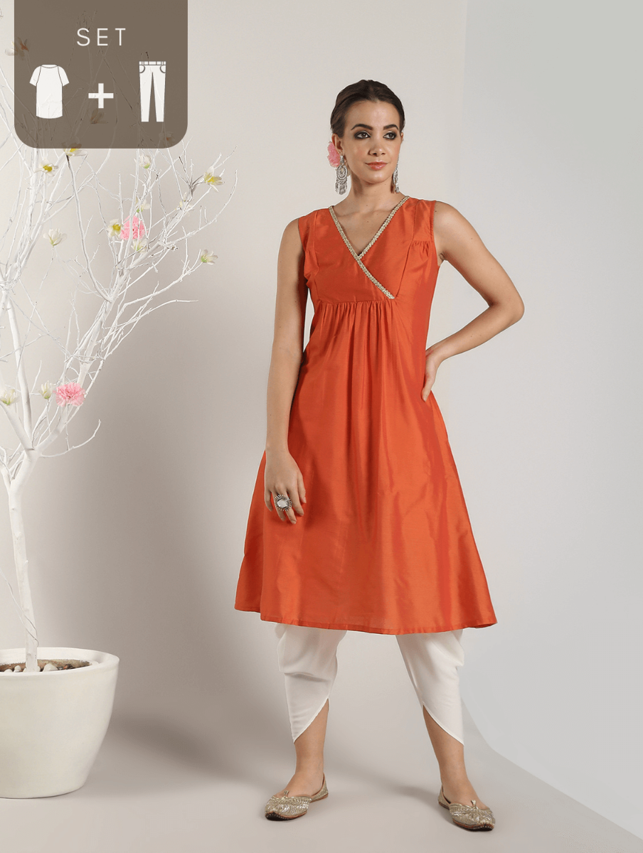 Brick Red Banarasi Layered Yoke kurta with Dhoti Pants