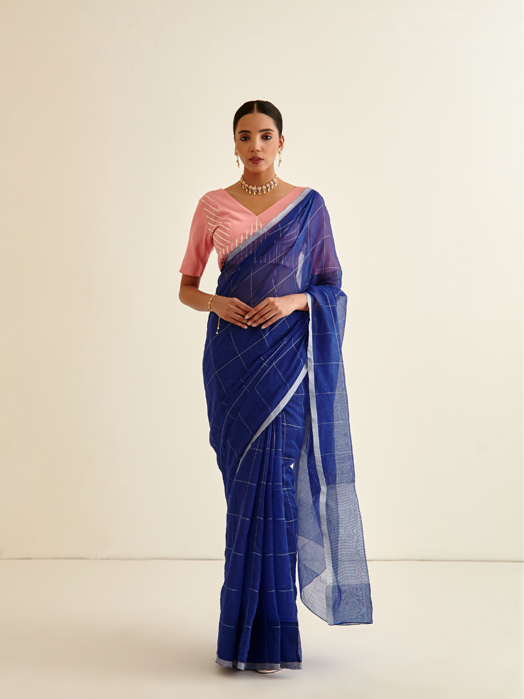Banarasi Woven zari Plaid pattered sari-Admiral blue
