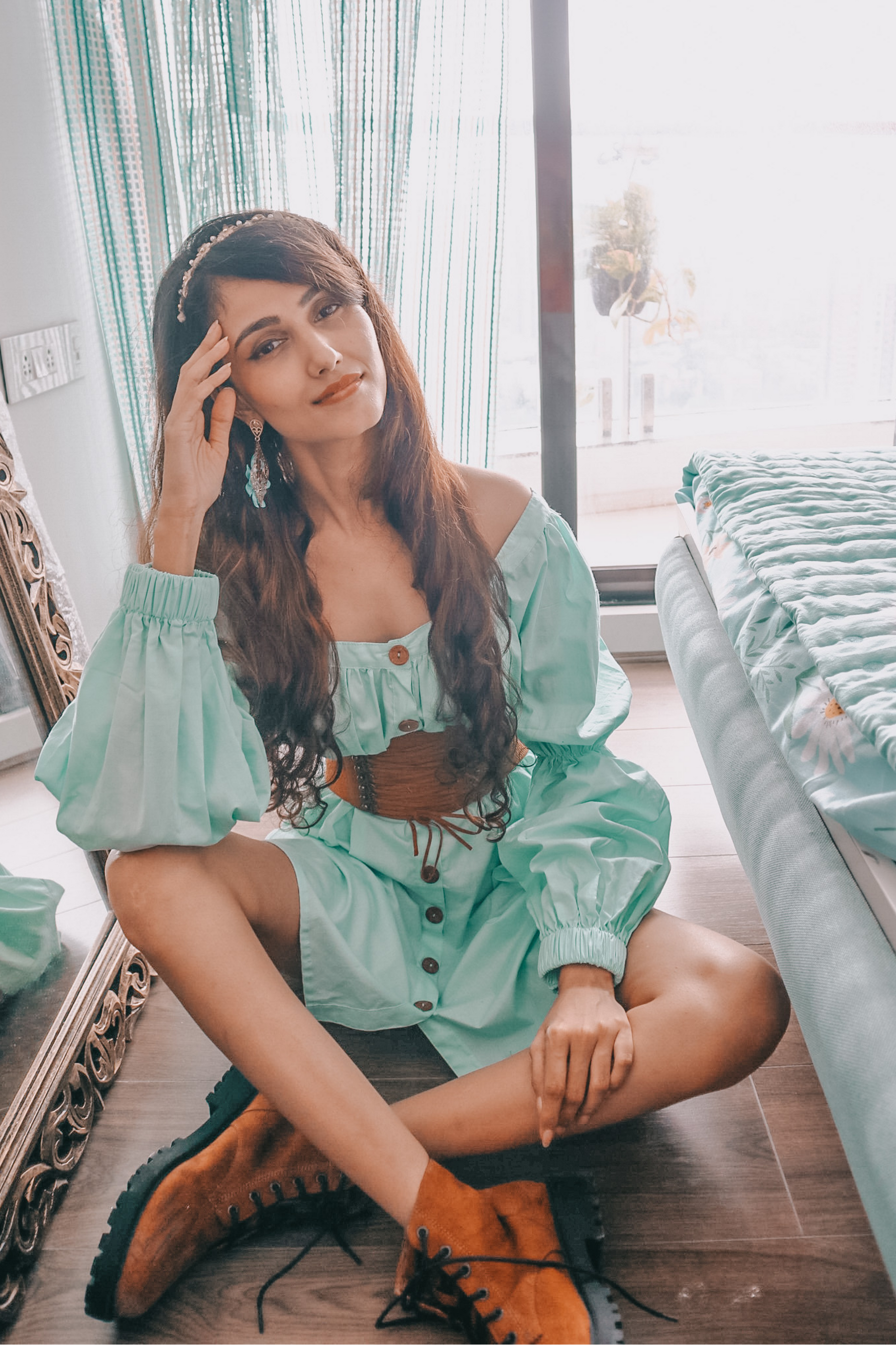 Marie sleeves Button down mini dress-Mint Green