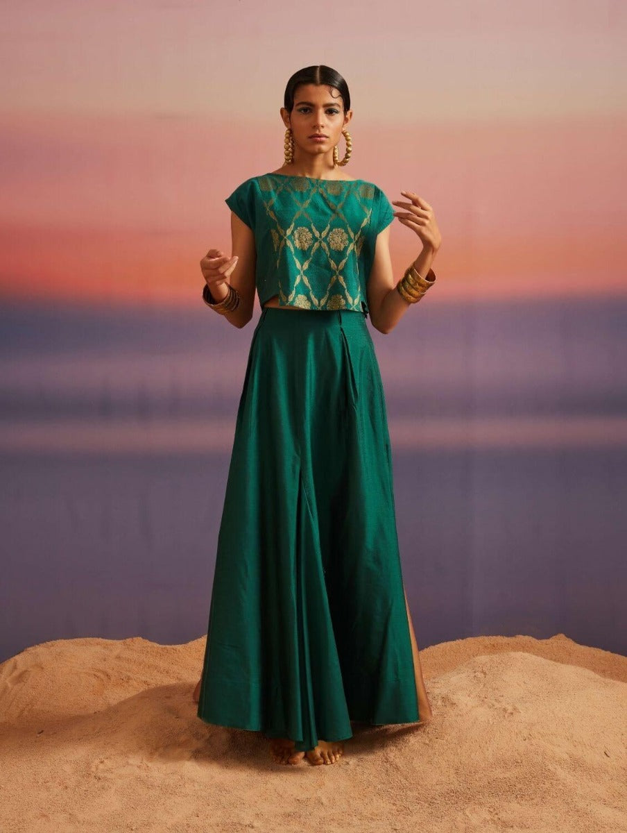 Coral Green Banarasi Crop Top With Contrast Panel Skirt
