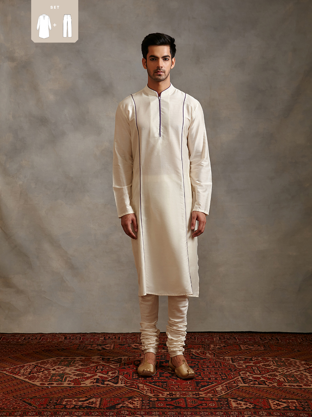 Banarasi straight kurta with contrasting detail paired with churidar- Ivory
