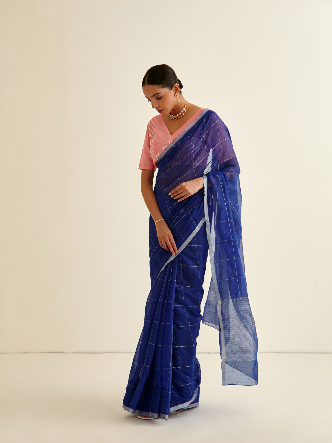 Banarasi Woven zari Plaid pattered sari-Admiral blue
