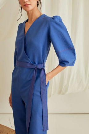 Overlapped neckline lantern sleeves belted jumpsuit-Azure Blue