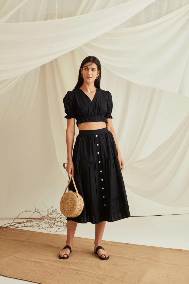 Overlapped puff sleeve crop top with button down pleated hem tiered skirt -Midnight Black