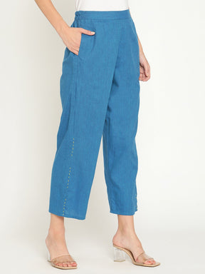 Blue Mangalgiri Straight Pants With Elaticated Waist