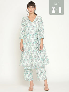 Abhishti printed angrakha kurta with straight pants in Indigo Color