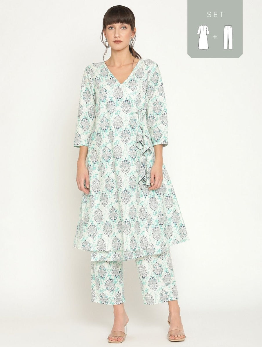 Abhishti printed angrakha kurta with straight pants in Indigo Color