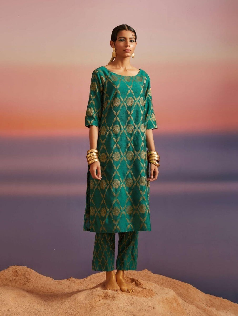 Coral Green Banarasi Straight Kurta