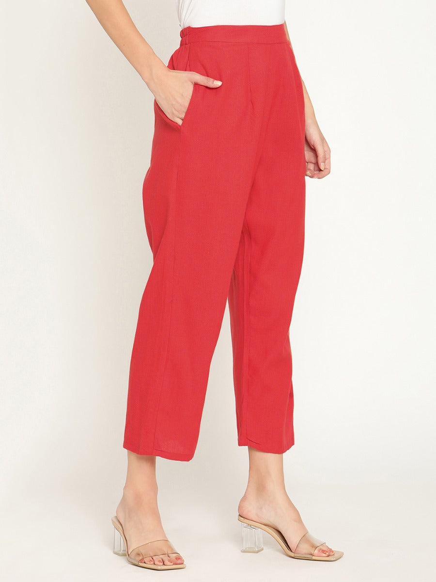 Red Straight Pants With Elasticated Waist