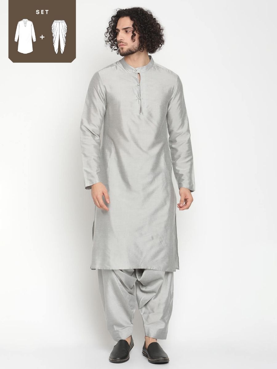 Men Grey Banarasi Kurta With Afghani Salwar