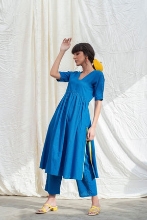 Cobalt-Blue Mangalgiri Cotton U-Waistline Kurta