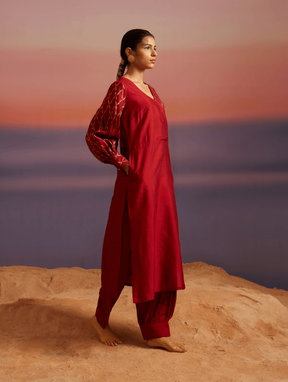 Coral Red Banarasi Kurta Set With Pathani Pants