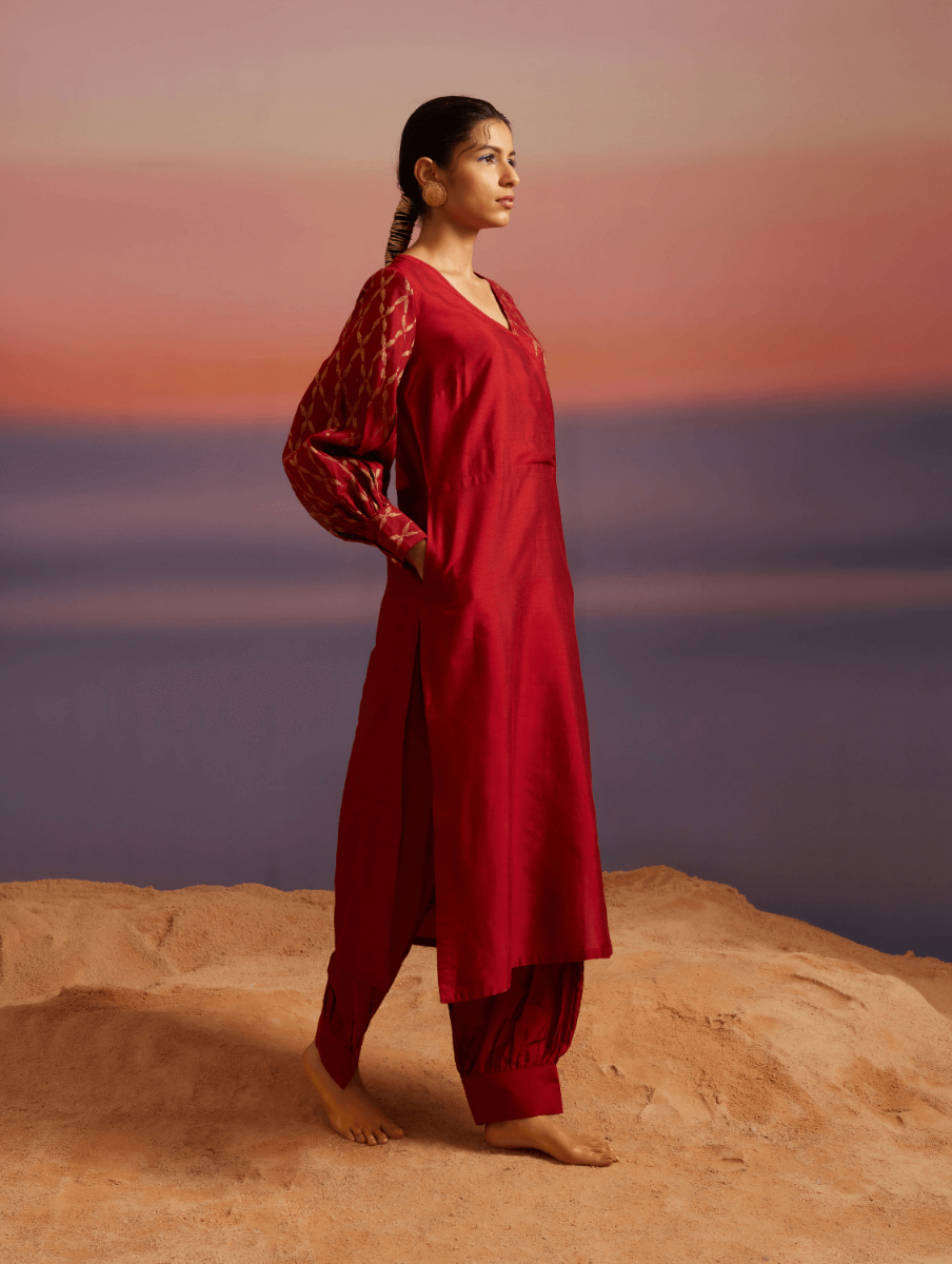 Coral Red Banarasi Kurta Set With Pathani Pants