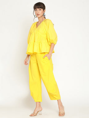 Balloon sleeve tiered cotton poplin top