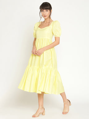 Puff sleeves midi tiered dress with slit-Lemon