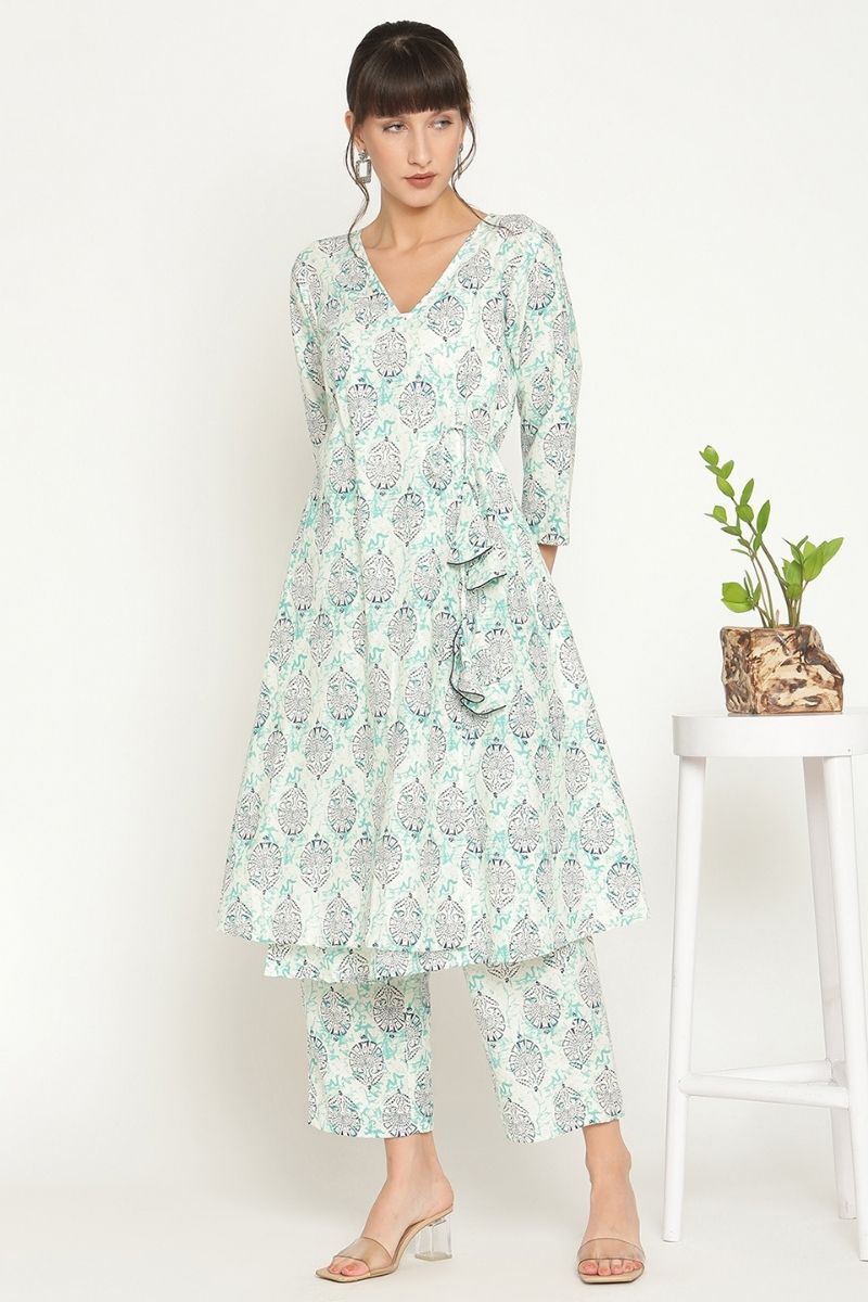 Abhishti printed angrakha kurta with straight pants in Indigo Color