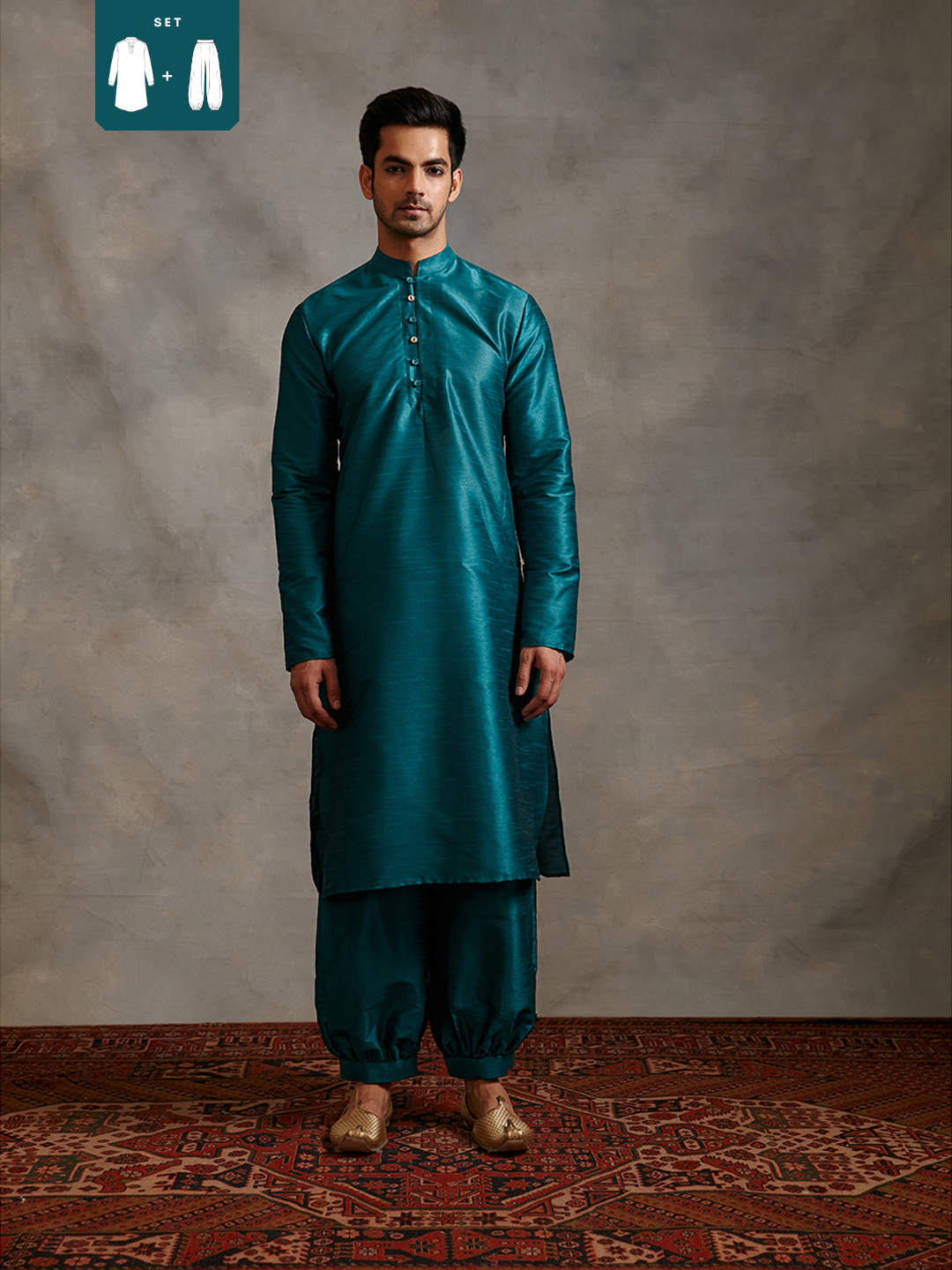 Banarasi Mandarin collar kurta with pathani pants-Teal Blue