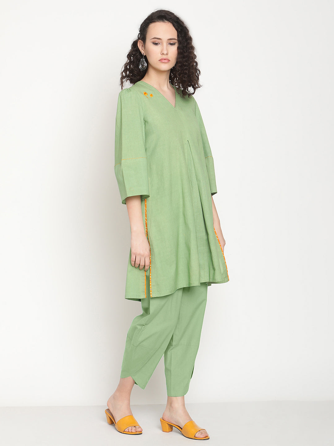 Fern Green Flared Kurta With Overlap Hem Pants