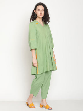 Fern Green Flared Kurta With Overlap Hem Pants