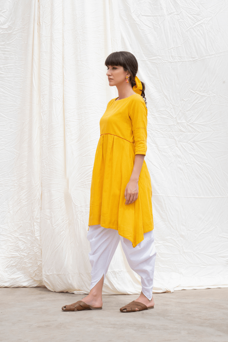 Dandelion Yellow Mangalgiri Flared Kurta With Dhoti Pant