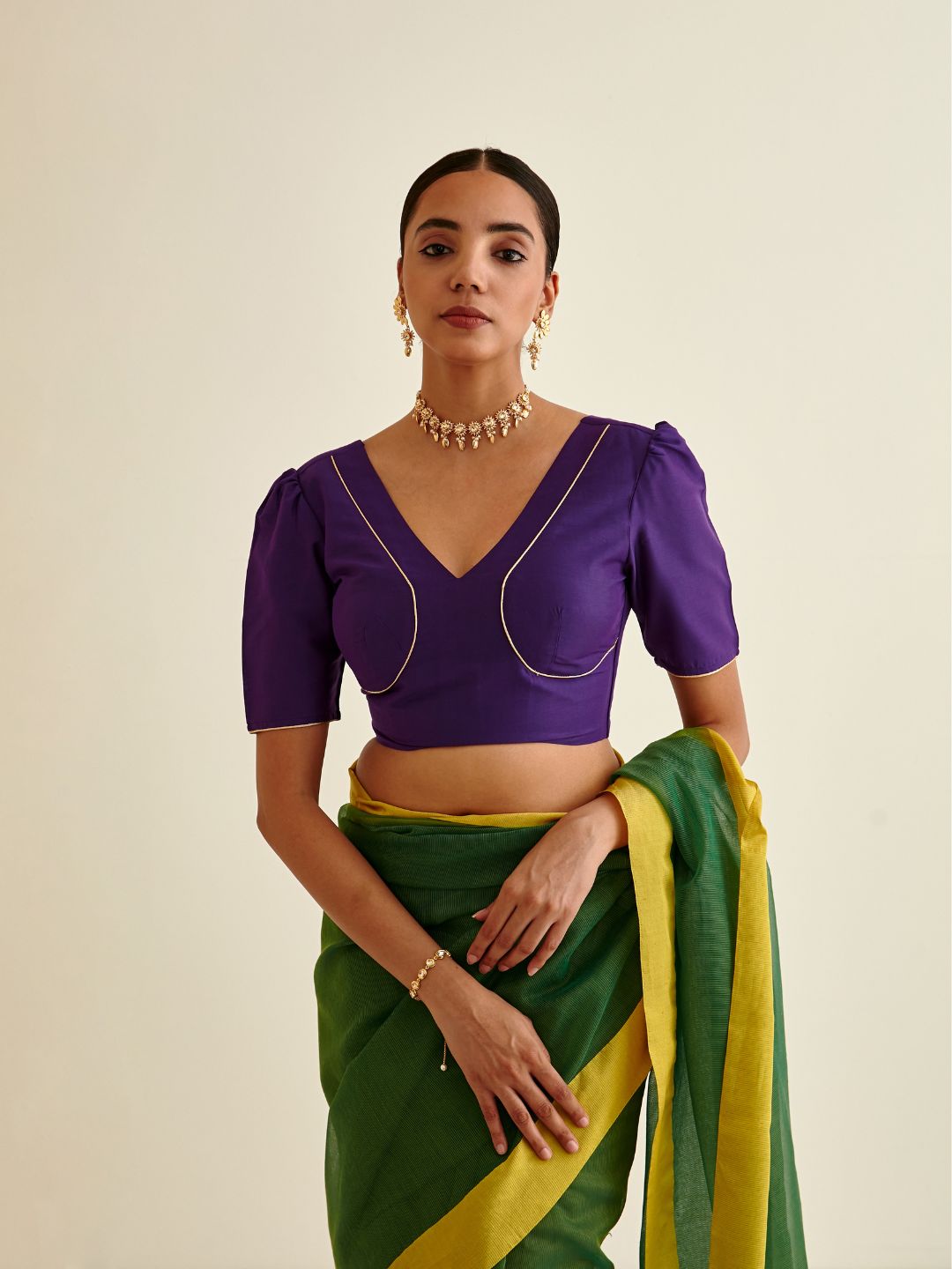 Banarasi blouse with Mutton sleeves-Royal purple