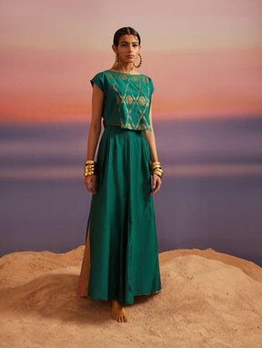 Coral Green Banarasi Crop Top With Contrast Panel Skirt