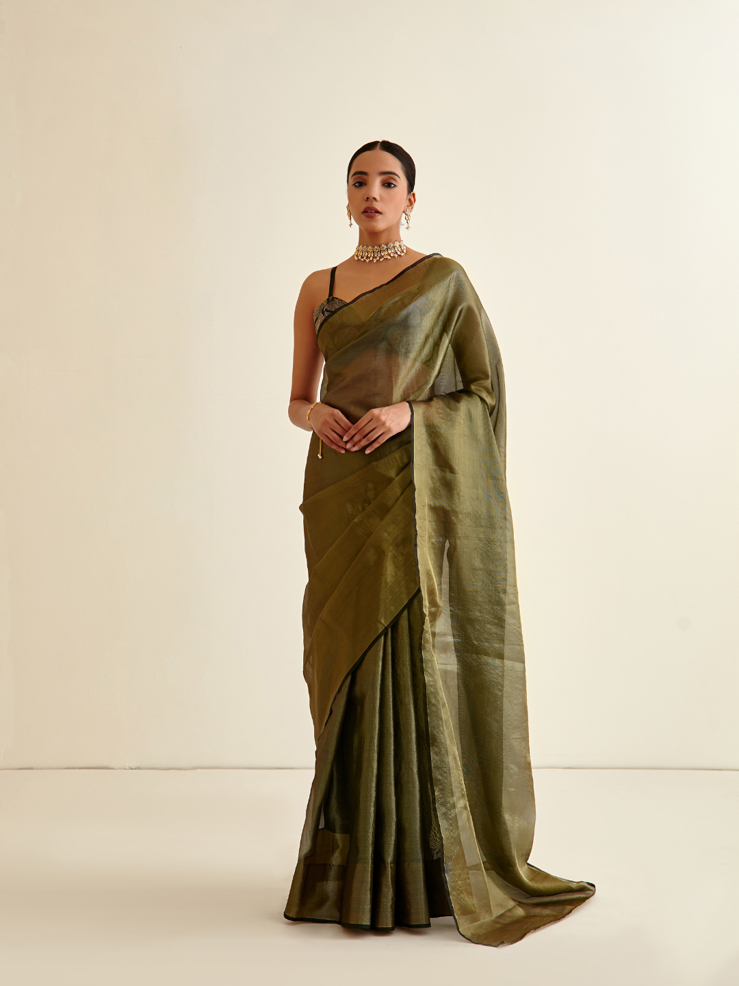 Tissue silk sari-Dark olive