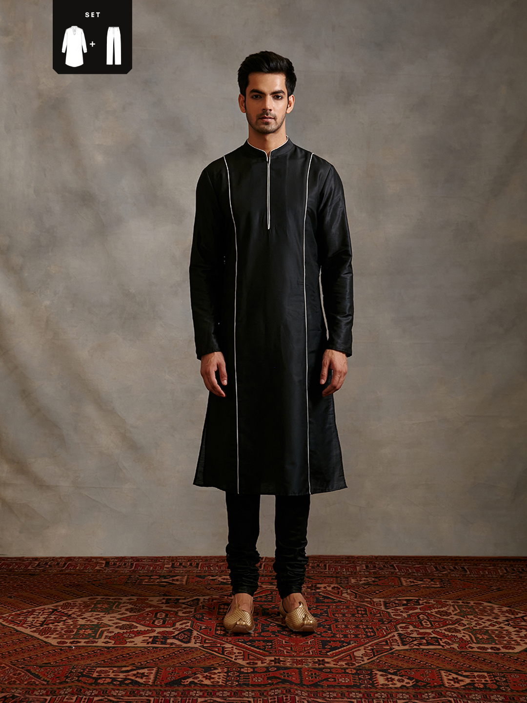 Banarasi straight Kurta Set with contrasting detail  -  Metallic black