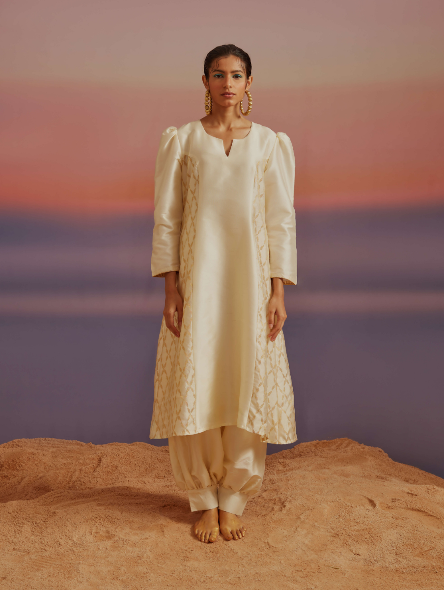 Cloud-Cream Pricness Seam Flared Banarasi Kurta