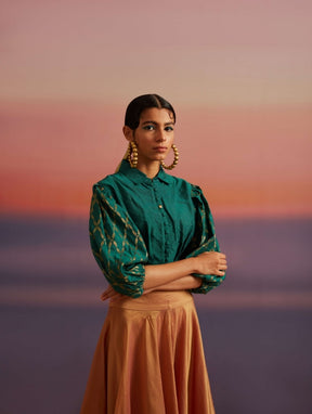 Coral-Green Banarasi Button Down Crop Top