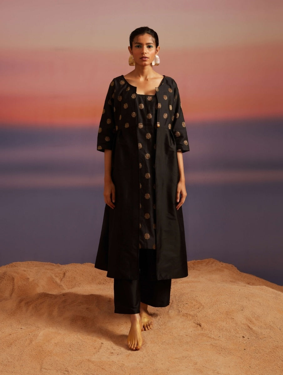 Coral Black Button Down Banarasi Jacket