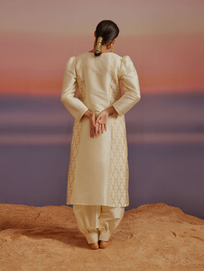 Cloud-Cream Pricness Seam Flared Banarasi Kurta