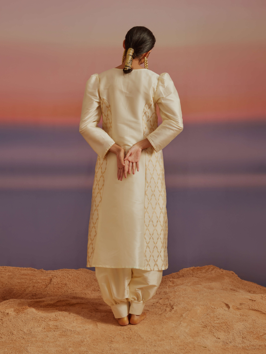 Cloud-Cream Pricness Seam Flared Banarasi Kurta