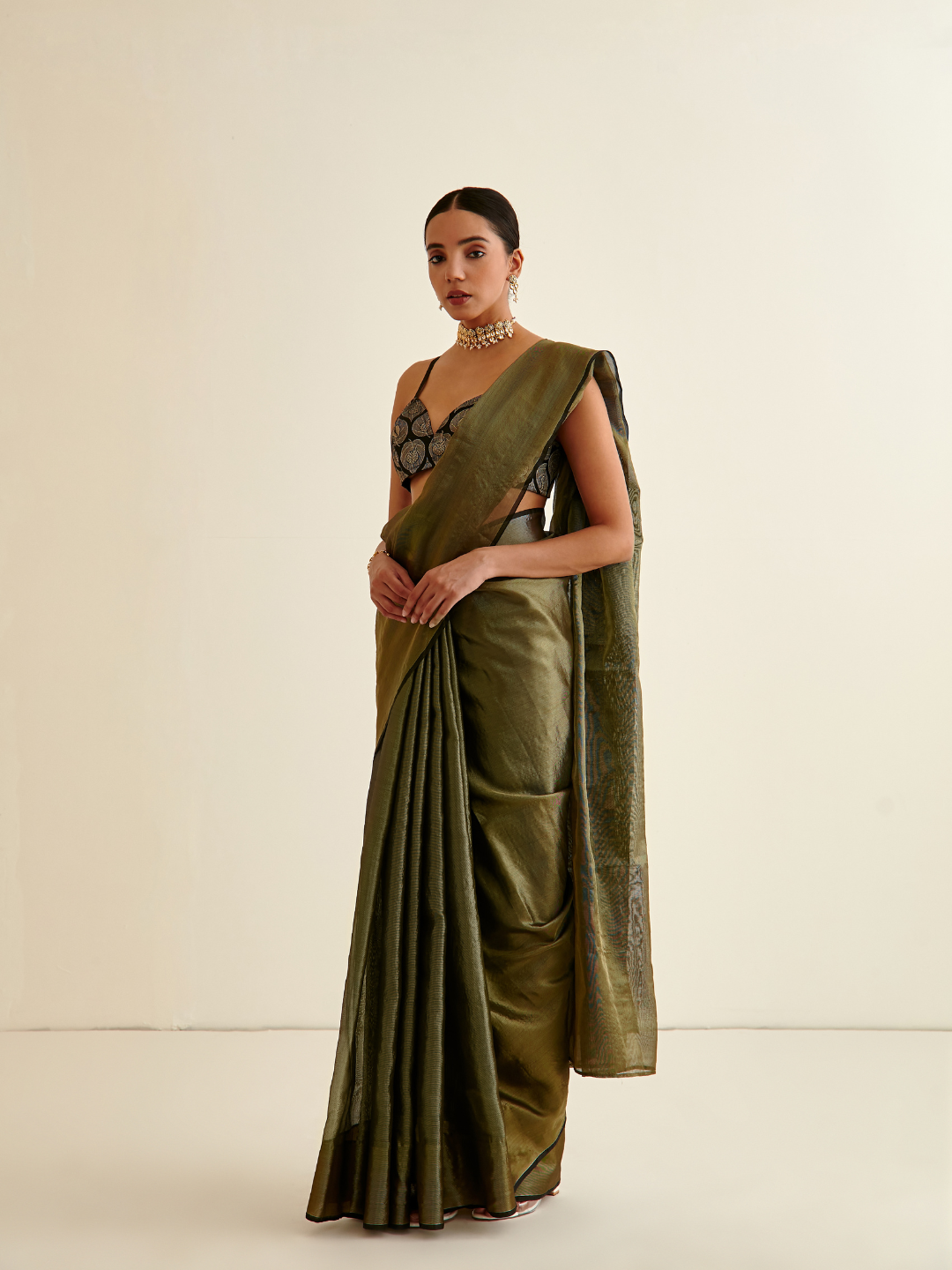 Tissue silk sari-Dark olive